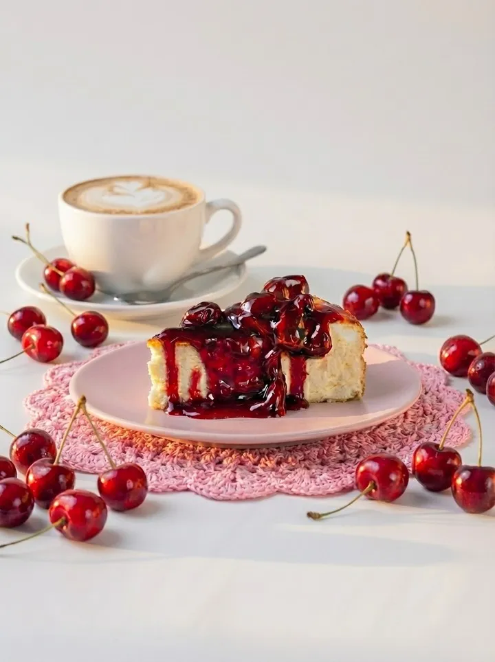 Cherry cheesecake — creamy, with a gentle tang. Fresh bakes every day.